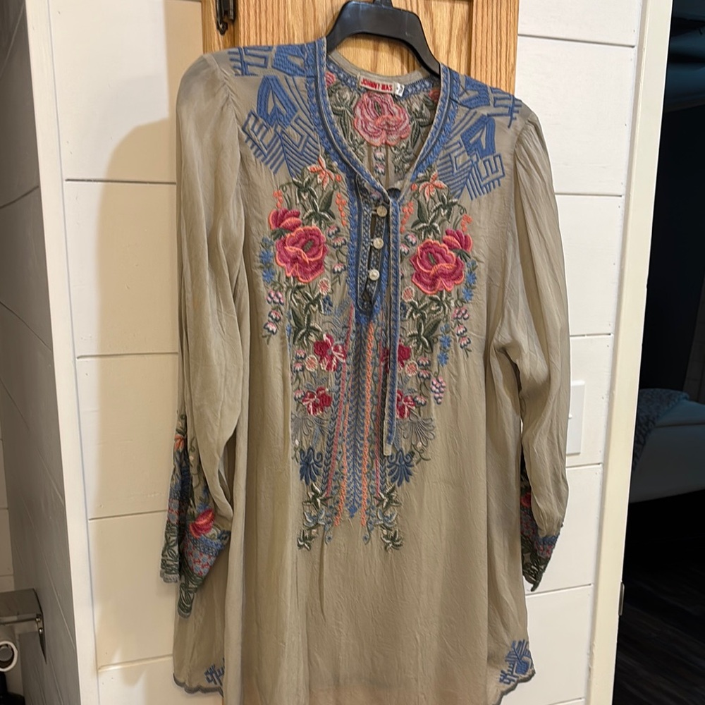Johnny Was Tan and Cream Relaxed Tunic with Embellished Details